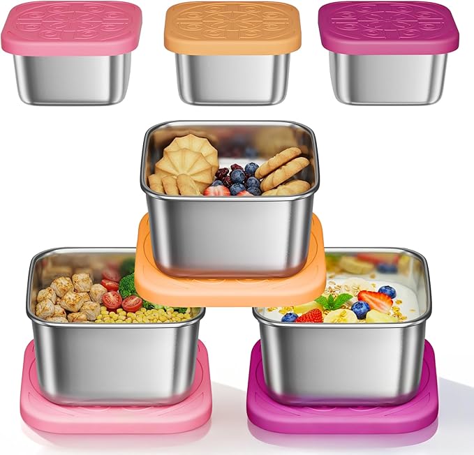 3 Pack 6oz Stainless Steel Snack Containers and 3 Pack 2oz Salad Dressing To Go Containers with Silicone Lids, Reusable Square Meal Prep Condiment Sauce Containers Lunch Box Accessories