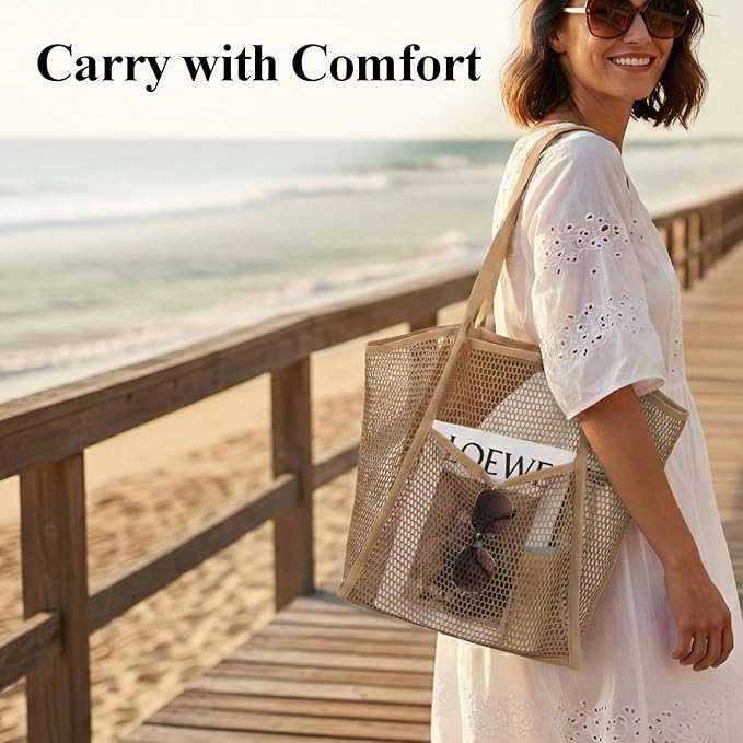 F-color Mesh Beach Bag Family - Large Tote Bag 9 Pockets for Swim Pool Toys Cruise Beach Vacation Essentials
