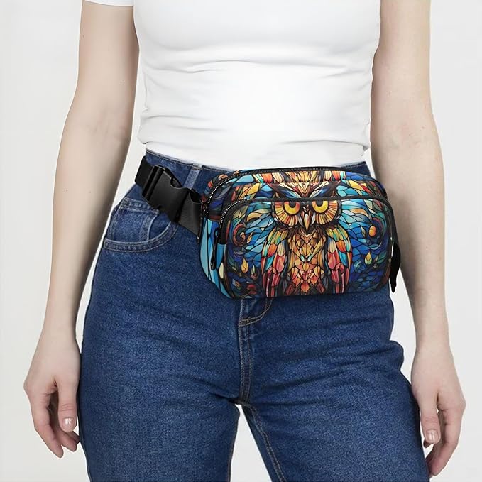 Stained Glass Printed Owl Fanny Pack for Women Men Water Resistant Fashion Waist Packs with Adjustable Strap Belt Bag for Travel Workout Jogging Hiking 21219630
