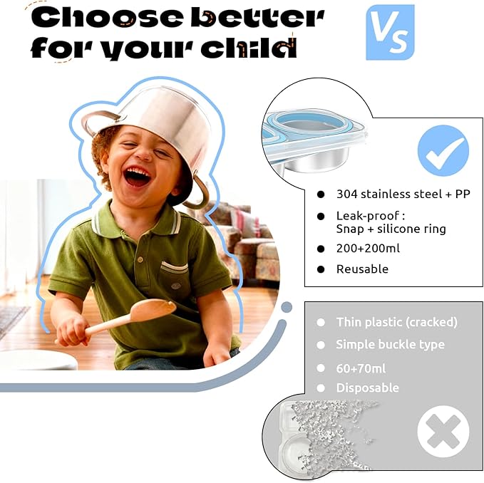 3 Pack Stainless Steel Snack Containers For Kids Adults, 2 Compartment Reusable Metal Snack Boxes With Leak-Proof Lids, Compact Lunch Food Storage Container