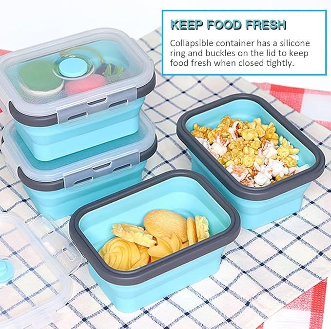 Collapsible Silicone Food Storage Container 4 Pack, Silicone Storage Containers for Snack, Fruit(Small, 12 Oz), Stackable, Space Saving, Portion Control(Blue)