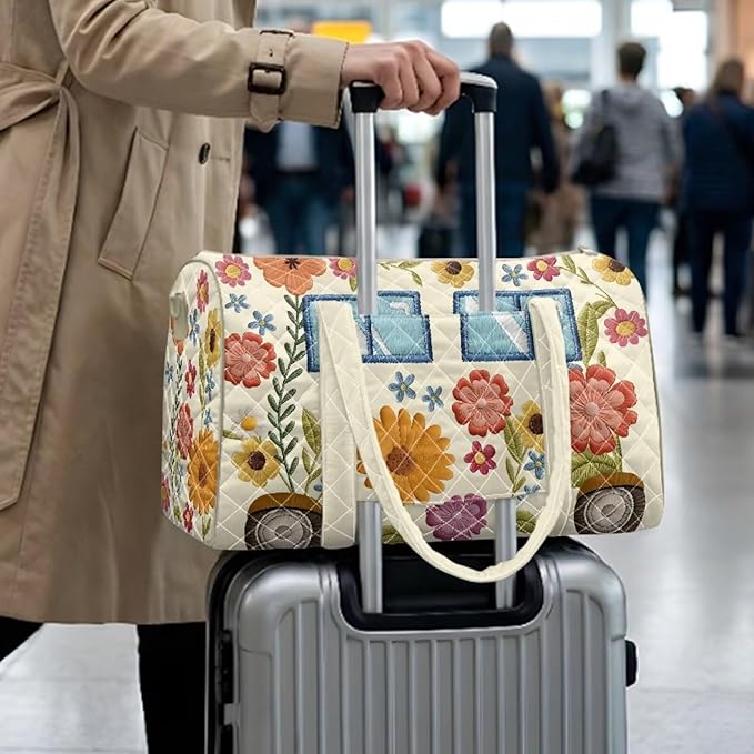 COEQINE Quilted Luggage Bag for Women Travel Quilted Tote Bag Large Floral Hipper Car Camper Print Weekender Overnight Bag Quilted Carry On Tote Handbags