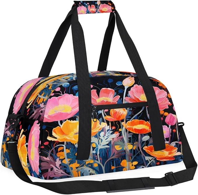 Gym Bag for Women Men, Pink Orange Poppies Black Travel Duffle Bags for Dance Ballet Overnight, Carry-On Weekender Bag with Detachable Shoulder Strap
