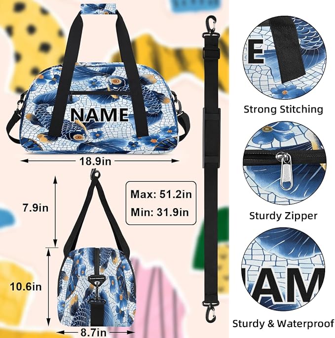 Fish Mini Gym Bag 18 inch for Women Men Waterproof Custom Fish Vintage Travel Duffel Bag Carry On Overnight Tote Nurse Bag for Work Fitness Hiking