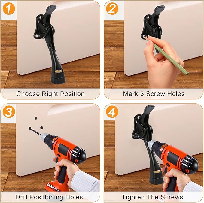 Kickdown Door Stopper 4 Inches - 2 Packs One Touch Adjustable Height Door Stop for The Bottom of Door Aluminum Alloy Metal Door Stopper with Rubber Tip & Wall Protectors for Wide Doors Black