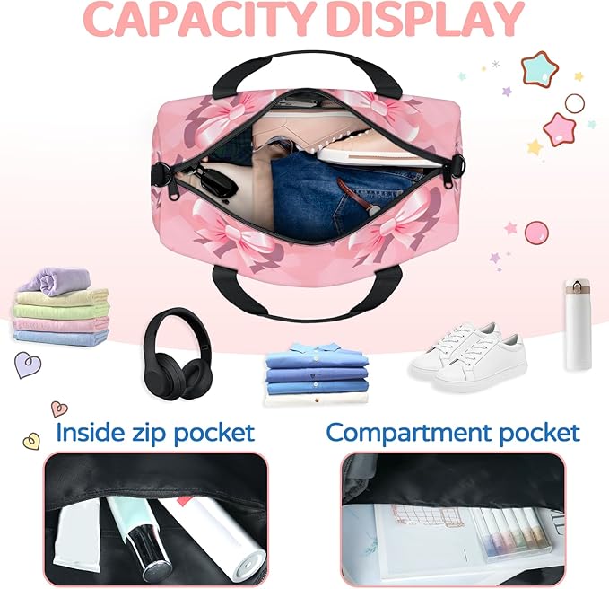 Bow Print Overnight Travel Bag Unisex Pink Carry-On Size Tote Bag Suitable for Travel Duffle Gym Sports