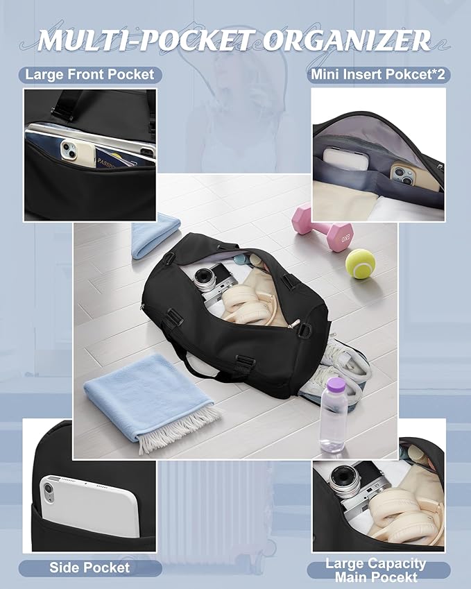 Gym Bag for Women with Shoe Compartment Lightweight Travel Duffle Bags Carry on Bag Overnight Weekender Duffel Bag with Wet Pocket Personal Item Travel Bag Tote Bag Workout Dance Bag Black