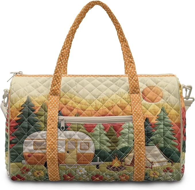 COEQINE Quilted Duffle Bag For Women Travel Quilted Tote Bag Large Car Orange Camper Vans Forest Print Overnight Luggage Bag with Trolley Sleeve