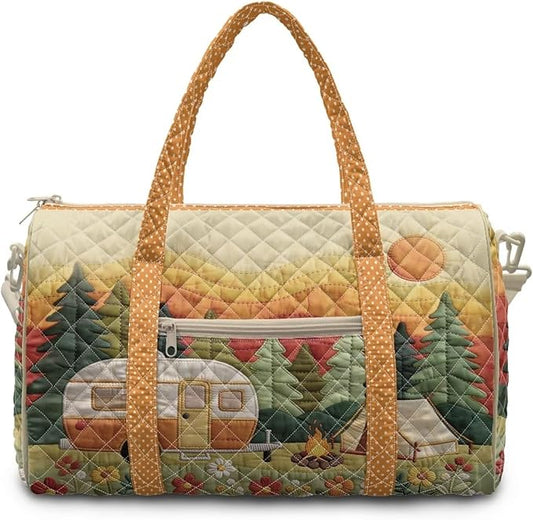 COEQINE Quilted Duffle Bag For Women Travel Quilted Tote Bag Large Car Orange Camper Vans Forest Print Overnight Luggage Bag with Trolley Sleeve