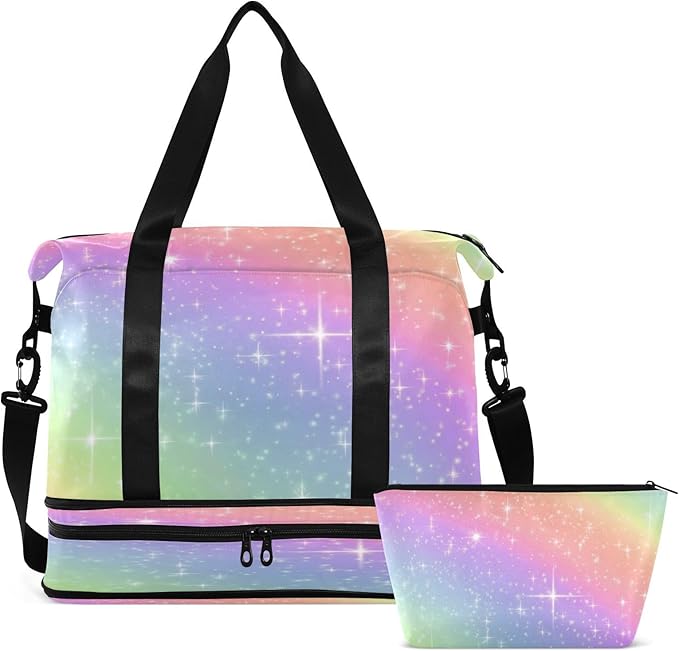 Travel Duffel Bags for Women Glitter Rainbow Gradient Sports Duffel Bags Gym Bags with Shoes Compartment Tote Bag Weekender Bag for Travelling
