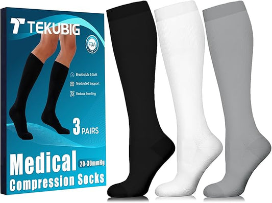 3 Pairs Medical Women Men Compression Socks Knee High 20-30 mmhg Graduated Stocking Support Hose Cute for Running Travel