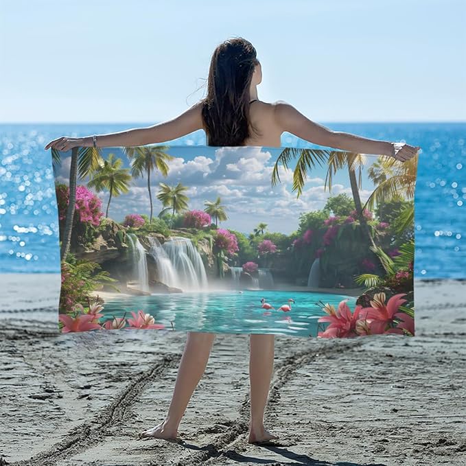 Flamingo Seaside Flowers Beach Towel, Large Microfiber Quick Dry Lightweight Pool Bath Towels Sand Free Beach Blanket for Summer Cruise Yoga Camping Travel Vacation Essentials 31 x 61 in