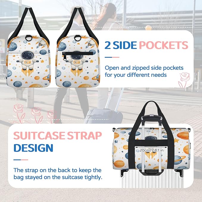 Planet Rocket Astronaut Travel Duffle Bag for Women Men, Overnight Weekender Bag, Carry on Tote for Sport Gym