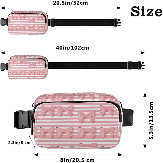 Pink Bows Striped Fanny Pack for Women Men Water Resistant Fashion Waist Packs with Adjustable Strap Belt Bag for Travel Workout Jogging Hiking 21220635
