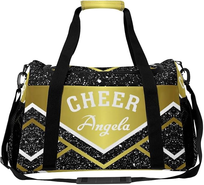 Travel Bag Golden Cheer Cheerleader Bling Print Customized Duffel Bags Weekender Overnight Bag Personalized Gift Adjustable Detachable Shoulder Strap Packs