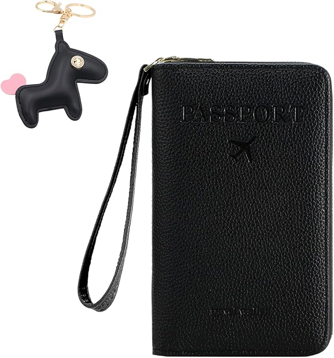 Multi-Functional Passport Holder Cover with Purse Charms,Premium Travel Wallet RFID Blocking Passport Cover Card Case for Holds Phones, Passports, Cash, Cards & Boarding Passes-Black