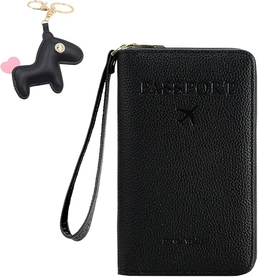 Multi-Functional Passport Holder Cover with Purse Charms,Premium Travel Wallet RFID Blocking Passport Cover Card Case for Holds Phones, Passports, Cash, Cards & Boarding Passes-Black