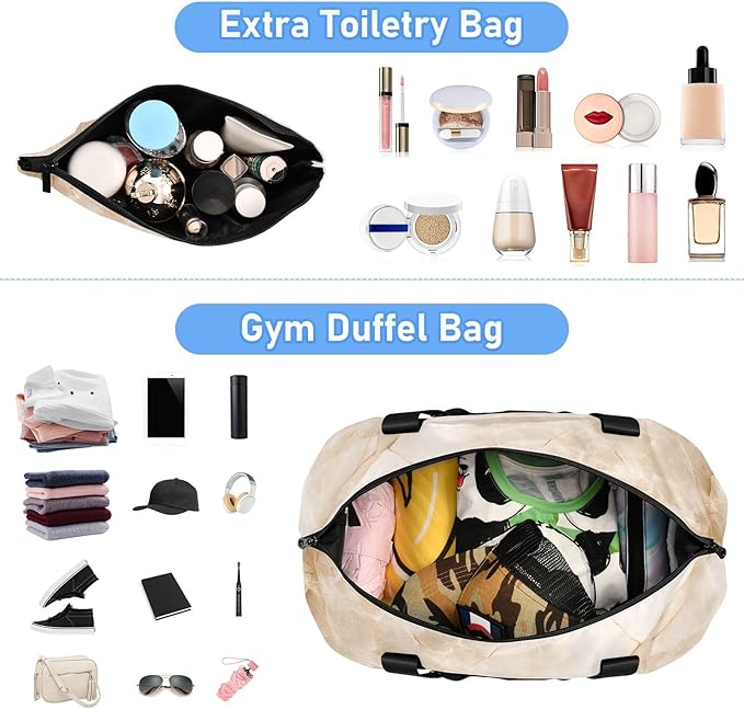 Travel Duffel Bags for Women Beige Marble Print Sports Duffel Bags Gym Bags with Shoes Compartment Tote Bag Weekender Bag for Travelling