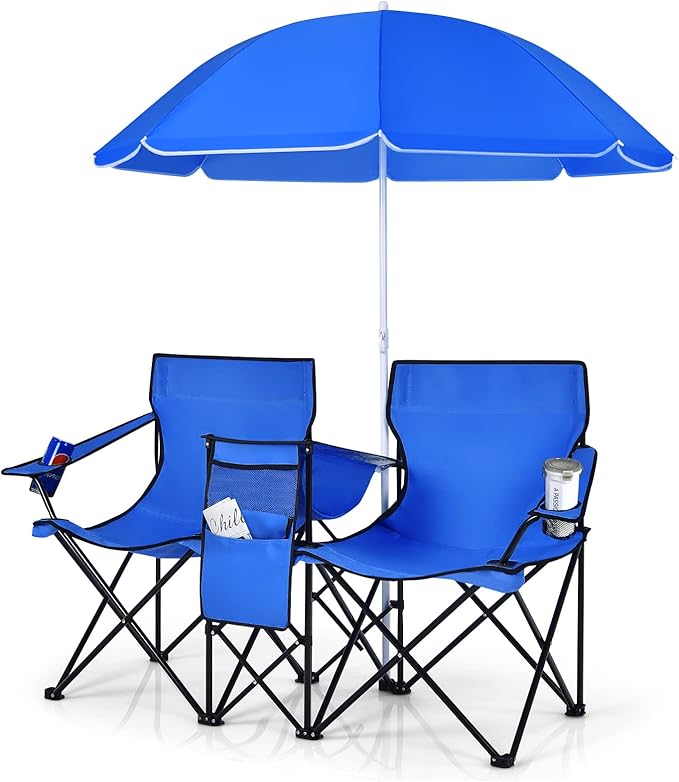 COSTWAY Double Portable Picnic Chairs, Folding Camping Chairs w/Detachable Umbrella, Cooler Bag, Cup Holders, Patio Beach Camping Chairs for Outdoors, Blue
