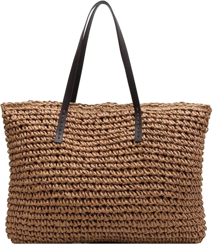 Large Straw Beach Bag for Womens, Straw Handbag Woven Tote Bag With Zipper Summer Shoulder Bag