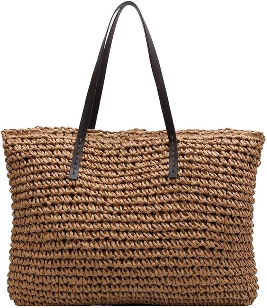 Large Straw Beach Bag for Womens, Straw Handbag Woven Tote Bag With Zipper Summer Shoulder Bag