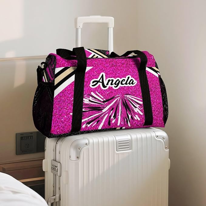 Personalized Cheer Fuchsia Pink Glitter Print Duffle Bags (Can Store Shoes) with Name for Women Man Custom Detachable Shoulder Strap Packs