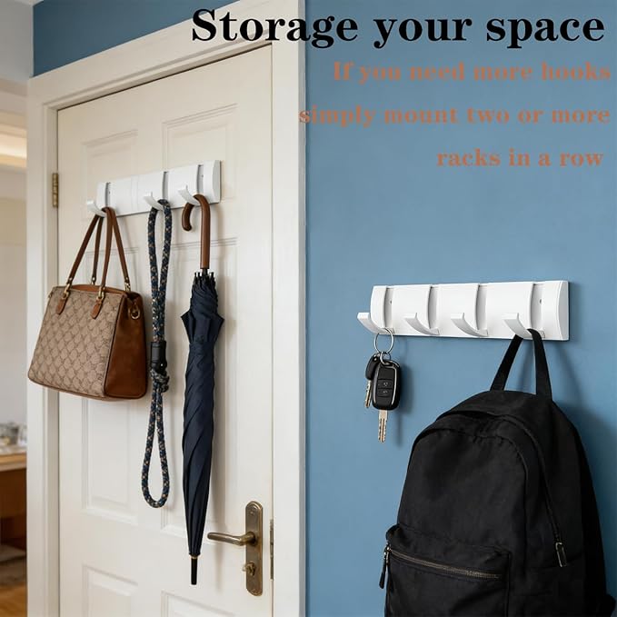 Folding Coat Hooks, Wall Mounted Coat Rack with 8 Retractable Hooks, Heavy Duty Towel Rack for Bathroom Wall Hook for Hanging Clothes Bathrobe, Stainless Steel Coat Hanger for Entryway(White)