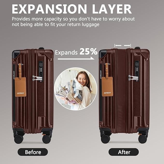 Joyway Carry On Luggage, Expandable Suitcase with Smart Cup Holder and USB Port, 20 IN Hardside Checked with TSA Lock Spinner Double Wheels (Coffe, Carry-On 20-Inch)