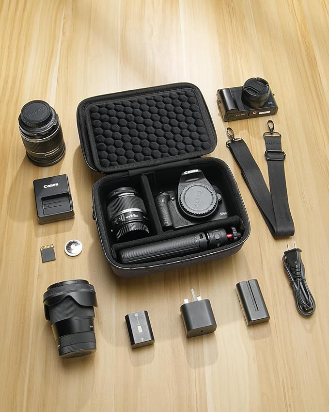 Camera Case for Canon EOS Rebel T7/R50/R100/R6 Mark II/Sony Alpha 7 IV/Alpha a6400 DSLR SLR Mirrorless Camera, Anti-Shock Dot Protection, with 6 SD Card Slots, 2 Dividers and Shoulder Strap