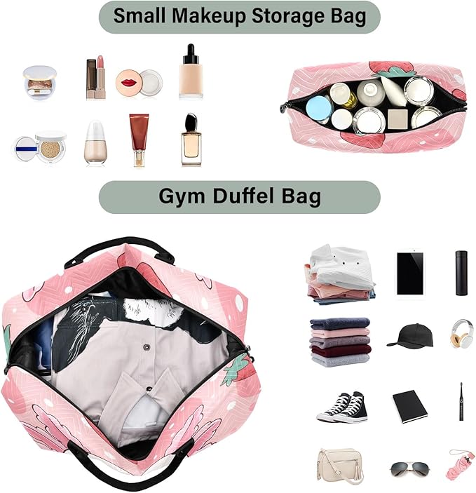 Travel Duffle Bag, Strawberry Axolotl Gym Bag with Storage Bag Weekender Overnight Bag for Men Women Trip Sports Yoga