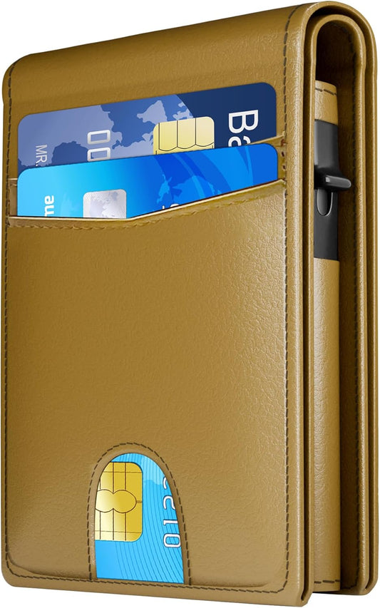 Wallet for Men - RFID Blocking [Functional & Practical] Bifold Slim Minimalist Credit Card Holder Pop Up Metal Case with Cash Slot Front Pocket with ID Window, Gift Boxed (Brown)