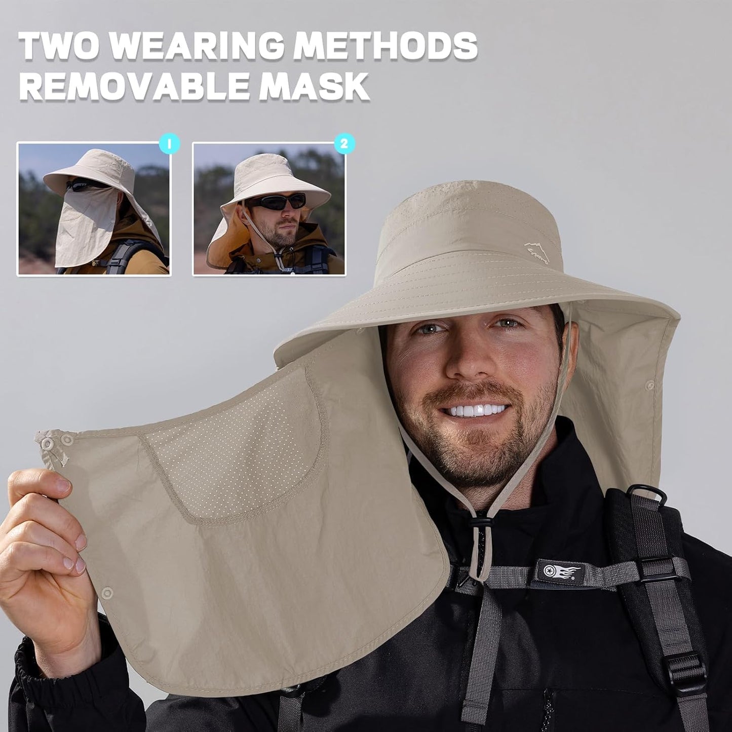 Rosoz Sun Hat for Men Women with Neck Flap,Wide Brim UPF50+ Fishing Hat with Detachable Face Cover Outdoor Sun Protection Hat