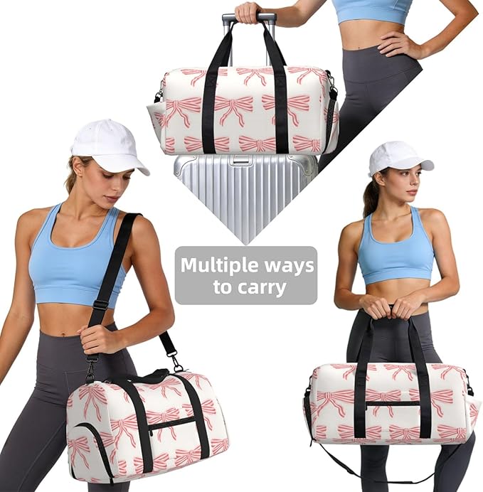 Pink And Red Striped Bows Women'S Gym Duffle Bag With Shoes Compartment, Ideal For Travel, Gym, Sports, Duffel, Weekender