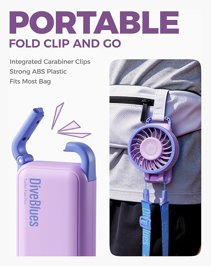 Diveblues Portable Turbo Fan, 7.4m/s High Speed Handheld Fan, 180° Foldable 4-in-1 Personal Neck Fan with Carabiner Clip, 100 Speed Stepless Control, USB-C Rechargeable for Travel, Makeup Hot Flashes