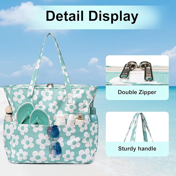 LEDAOU Large Beach Bag Women Waterproof Sandproof Zipper Beach Tote Pool Bag for Swim Gym Grocery Travel with Wet Pocket | Waterproof, Sandproof, Zipper, Pool, Gym, Grocery
