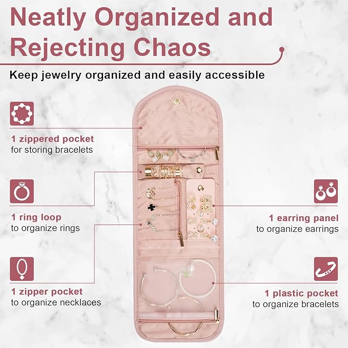 Travel Jewelry Roll Organizer Bag Foldable and Anti-Lost Jewelry Holder Storage for Rings, Necklaces, Bracelets, Earrings and Accessories, Small Pink
