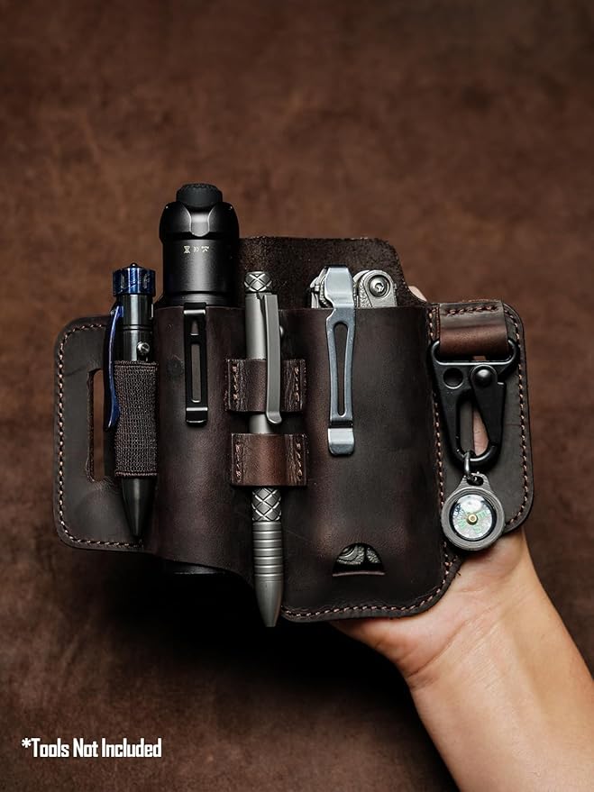 ST2 Leather Multitool Sheath, EDC Leather Belt Organizer, Belt EDC Organizer for Leatherman Tools, Flashlight, Pen, and Keychain Clip, Great for Work and Daily Use, Ideal Gift for Men
