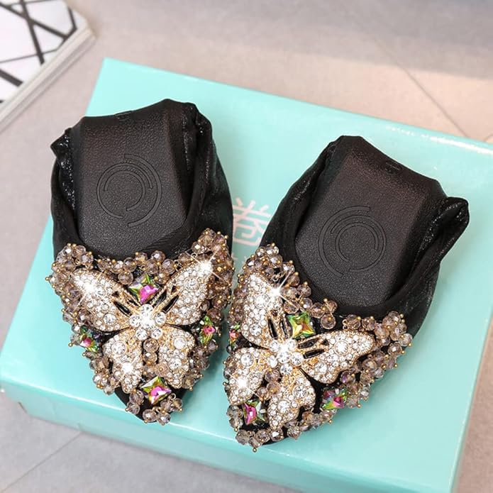 KUNWFNIX Women Ballet Flats Rhinestone Wedding Ballerina Shoes Foldable Sparkly Comfort Slip on Flat Shoes