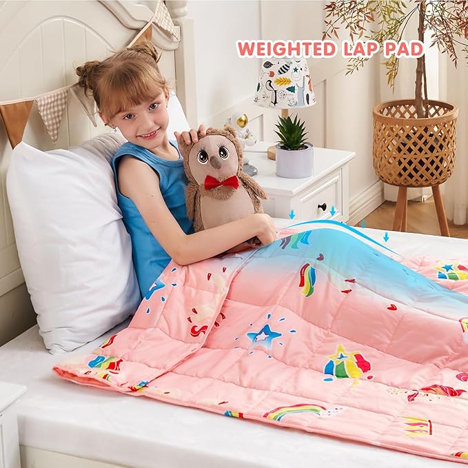 yescool Unicorn Weighted Blanket 5 Pounds Cooling Weighted Lap Blanket, Pink Rainbow Heavy Blankets, Breathable Weighted Throw Blanket Gifts for 40-60lbs, 36"x48"