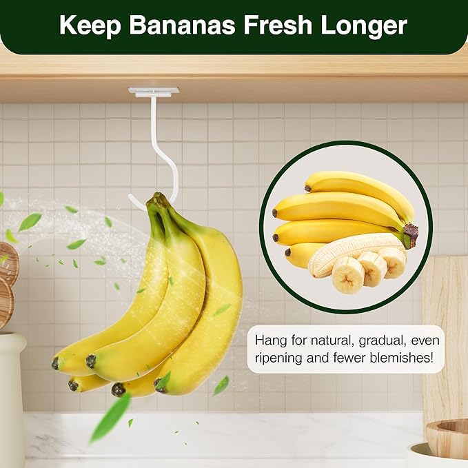 Banana Hook Under Cabinet: Foldable Banana Hanger Adhesive, Hanging Banana Holder, Stick On, Premium Material, Can Hold 20 Bananas, White