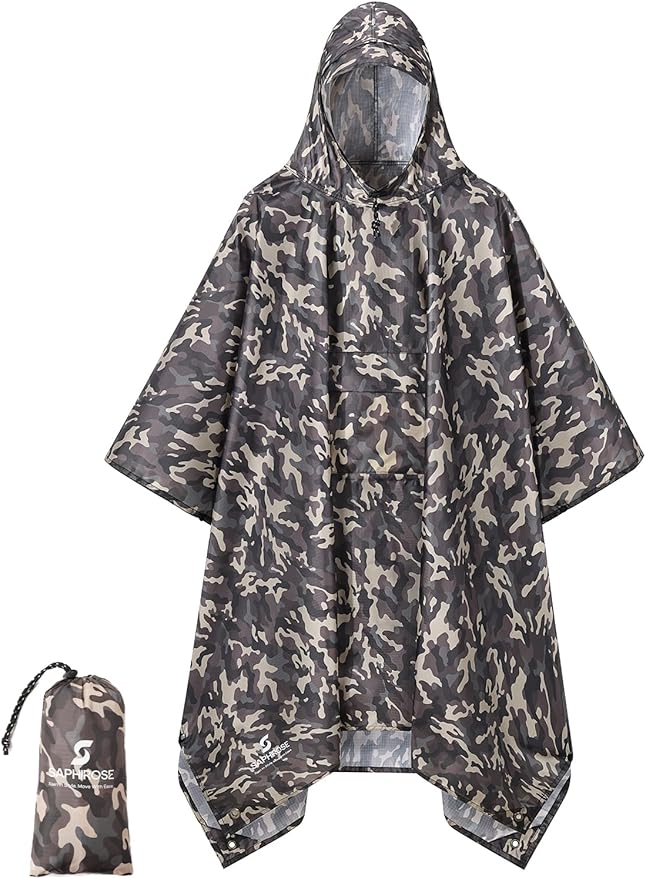 SaphiRose Extra Thick Hooded Rain Poncho Double Layer Waterproof Raincoat Jacket for Men Women Adults