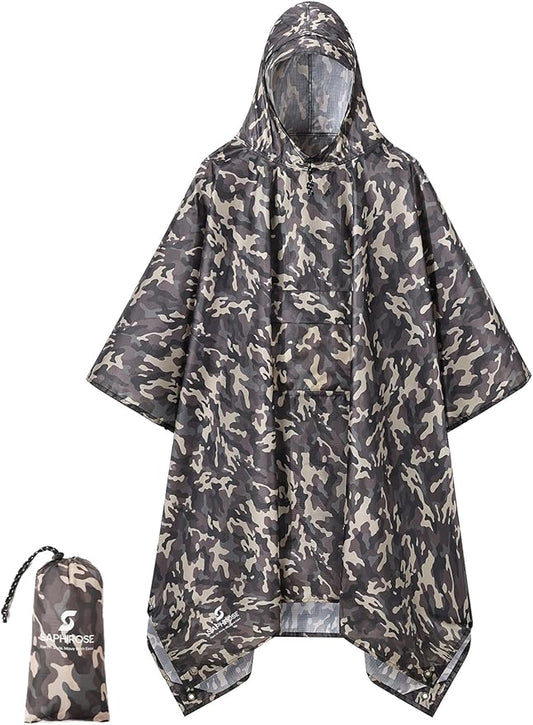 SaphiRose Extra Thick Hooded Rain Poncho Double Layer Waterproof Raincoat Jacket for Men Women Adults