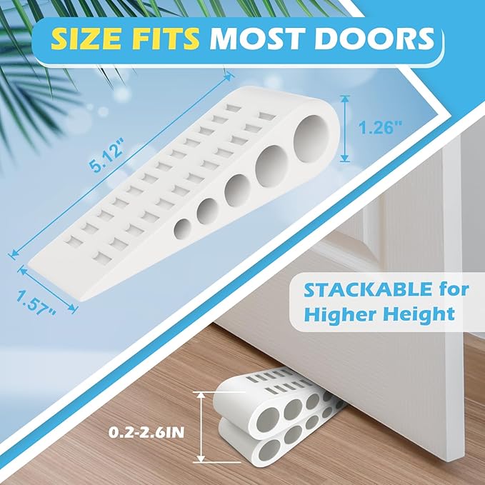 Rubber Door Stoppers for Bottom of Door - 4 Pack Door Stop Wedge with Holder Heavy Duty Doorstop for Home Office Classroom Garage Stackable on Multi Floor Carpet Concrete Tile Linoleum & Wood White