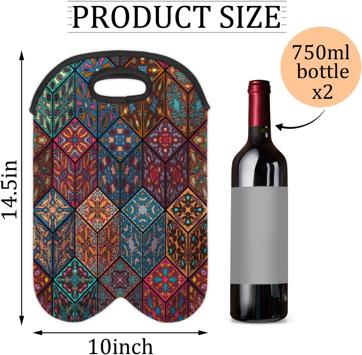 Square Mandala 2 Bottle Wine Carrier Tote Bag Insulated Wine Bottles Neoprene Bag with Secure Carry Handle Portable Wine Cooler Bag for Travel Picnic Beach