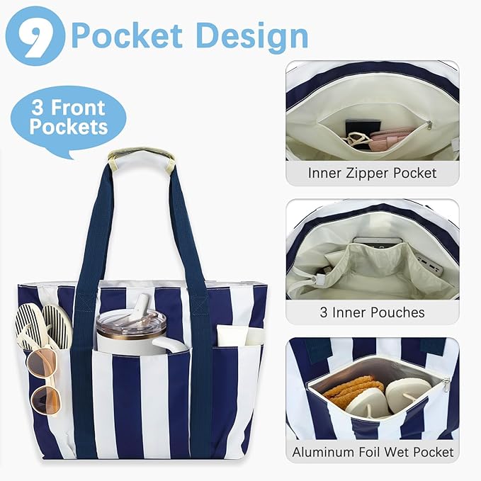 Fammart Waterproof Beach Bag for Women with Wet Pocket, Beach Tote Compatible with Stanley Cup for Pool Travel Cruise