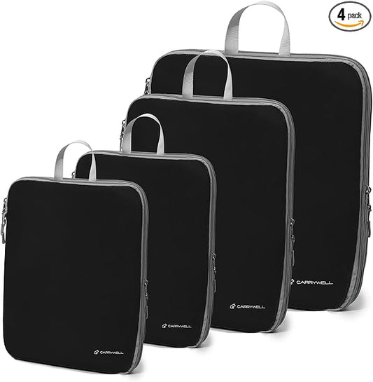 (Not Made In China) Compression Packing Cubes For Travel, Suitcase and Luggage Space Saver Organizer Bags, Lightweight, Waterproof Nylon, Durable, 4pc Set, Black