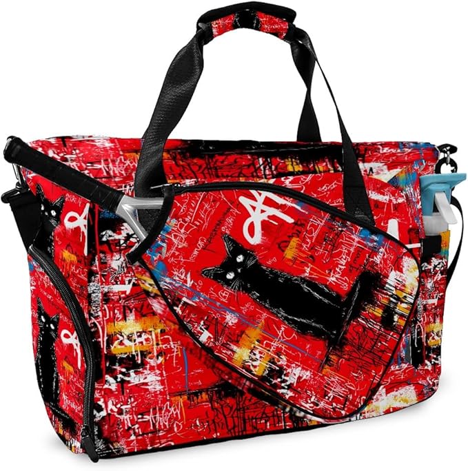 Artistic Black Cat Red Gym Bag for Women & Tennis Bag, Large Sports Duffel Bag Waterproof with Ventilated Shoe Compartment & Front Racket Sleeve, Lightweight Travel Weekender Overnight Bag