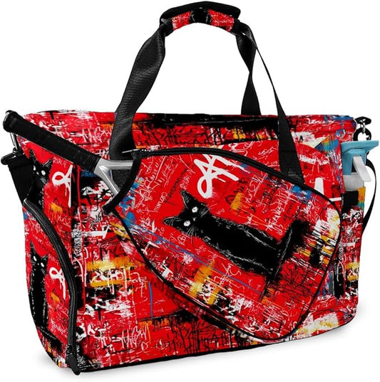 Artistic Black Cat Red Gym Bag for Women & Tennis Bag, Large Sports Duffel Bag Waterproof with Ventilated Shoe Compartment & Front Racket Sleeve, Lightweight Travel Weekender Overnight Bag
