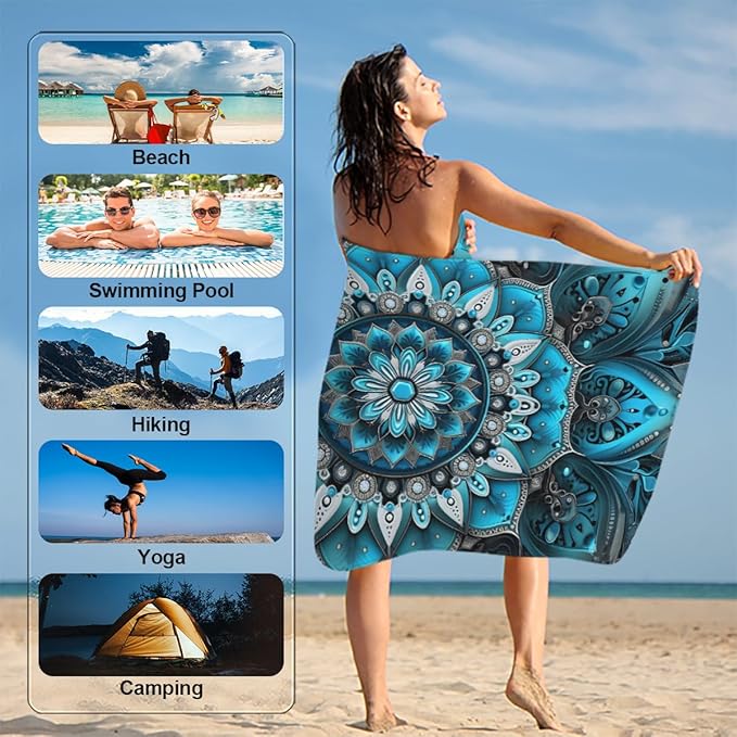Mandala Vintage Ethnic Blue Beach Towel, Large Microfiber Quick Dry Lightweight Pool Bath Towels Sand Free Beach Blanket for Summer Cruise Yoga Camping Travel Vacation Essentials 31 x 61 in