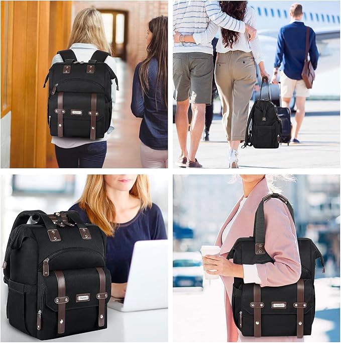 Laptop Backpack For Women, Work Doctor Teacher Nurse Wide Open Bookbags 17.3 Inch Laptops Backpack with USB Charging Port, Water Resistant RFID Computer Backpack for Men Women Black